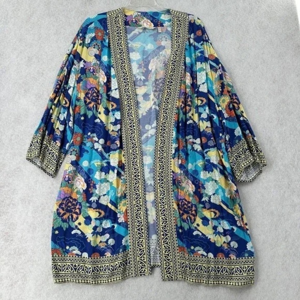 Soft Surroundings Open Front Kimono Cardigan Womens L/XL Blue Floral Artsy Boho - Picture 3 of 6